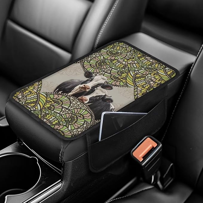 Boho Mandala Cow Print Car Center Console Cover Breathable Auto Armrest Storage Box Mat Wear-Resistan Vehicle Armrest Pad Car Accessories Interior Protection
