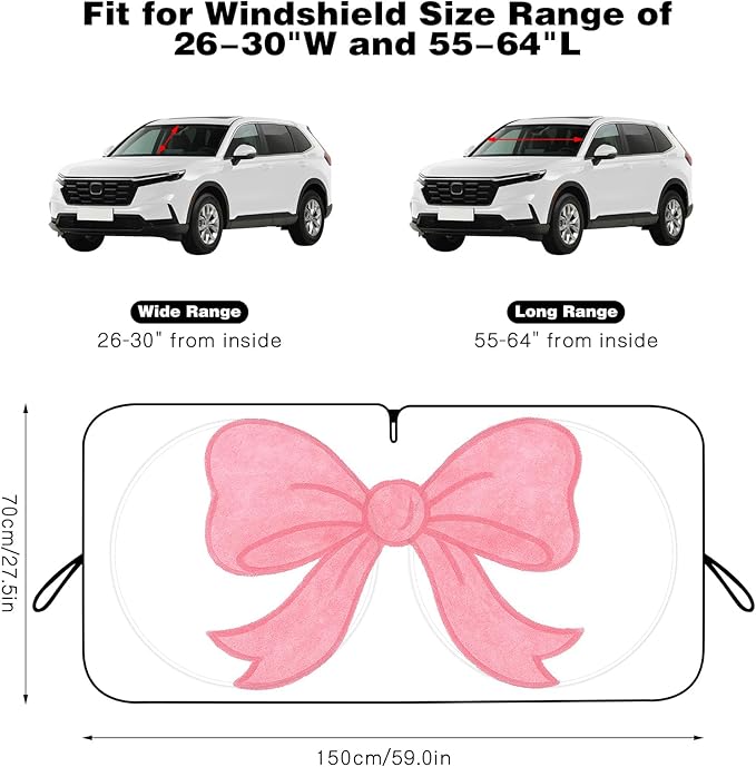 Car Windshield Sun Shade, Car Sun Shade Cute Bow Visor for CarWindshield, Wear-Resistant Black Tape, Foldable 59'x27.5'/63''x31.5''
