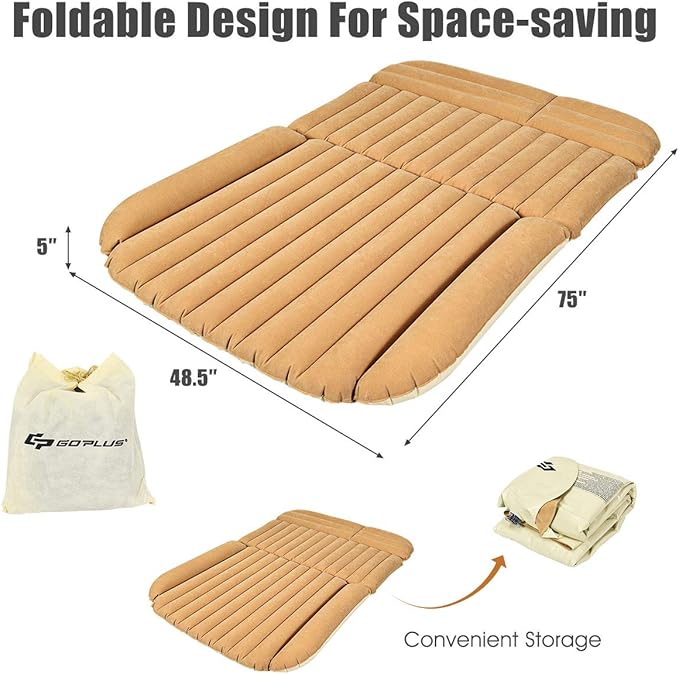 Goplus Car Bed, Air Mattress Back Seat with Pillow, Flocking Surface, Electric Air Pump, Repair Kit, Inflatable SUV Truck Bed Mattress for Traveling, Camping, Sleeping, Yellow