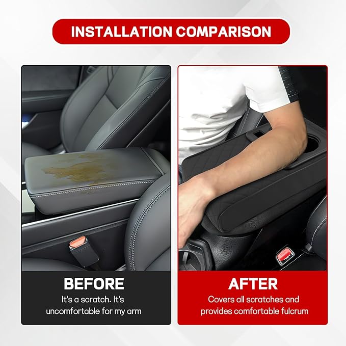 Car Center Console Armrest Pillow, 13.19"×7.87" Leather Car Arm Rest Cover, Memory Foam Auto Armrest Cushion with Cup Holder Phone Slot, Universal Vehicle Middle Console Cushion Pad (Black)