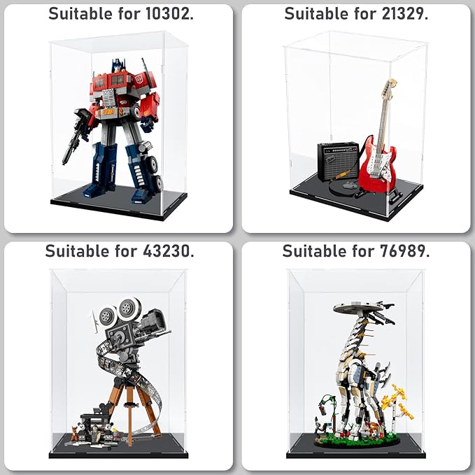 Choowin Acrylic Display Case for Lego Camera 43230 for Lego Guitar 21329 for Lego Optimus Prime 10302 Thickened Clear Acrylic Display Cases for Collectibles Assemble Dustproof Display Box(Black Base)