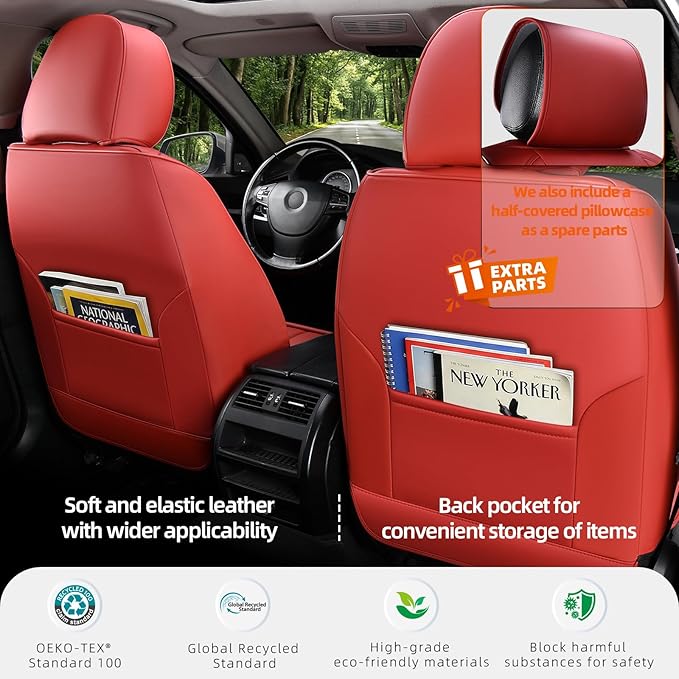 KEYOOG Universal 2-Seater Waterproof Breathable Nappa Leather Car Seat Covers Full Set, Fit for Front Seats, Compatible with Dodge Journey, Toyota Yaris, Honda Pilot HR-V City, Fit Most Sedans SUV Red