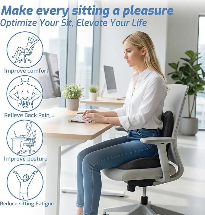 Memory Foam Seat Cushion,Orthopedic Ergonomic Seat Cushions for Tailbone,Sciatica, and Back Pressure Relief,L-Shaped Design & Adjustable Strap,Lumbar Support Pillow for Office,Car,Desk Chair