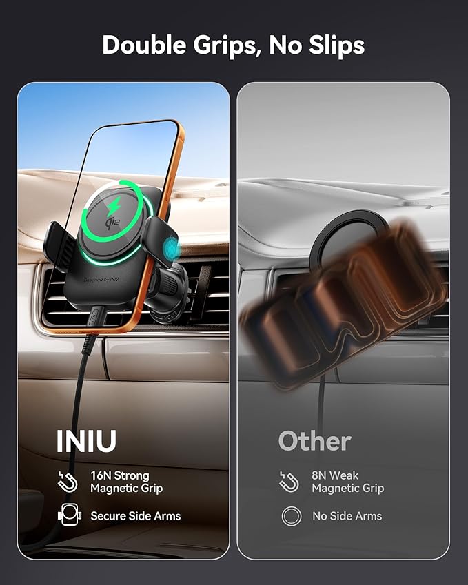 INIU Wireless Car Charger, Qi2 Certified Car Phone Holder for Magsafe, 15W Fast Charging Magnetic Car Mount Charger Auto Clamping Car Accessories Air Vent for iPhone 17 16 15 14 13 12 Pro Max Air etc
