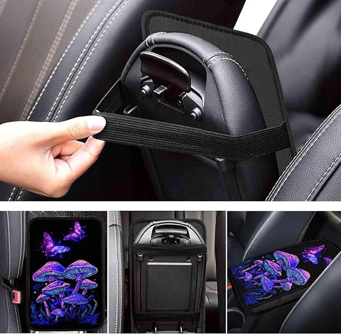 UNICEU Hippie Butterfly Mushroom Car Armrest Cushion Pad Mushroom Car Accessory for Women Men,Comfortable Armrest Seat Box Cover Protector Fit Most Cars Vehicles SUVs