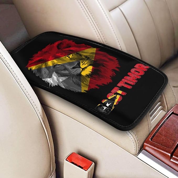 Vintage East Timor Timorese Flag Lion Head Auto Center Console Armrest Cover Car Handrail Box Cushion Pad Mat Universal Fit Most Vehicle Sedan Truck SUV Soft Comfort Decor Accessories
