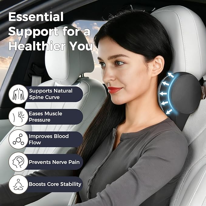 Coverado Car Headrest Pillow, Ergonomic Memory Foam Car Neck Pillow for Driving Seat with Adjustable Strap, Soft PU Leather Breathable Removable Cover Neck Support for Neck Pain Relief