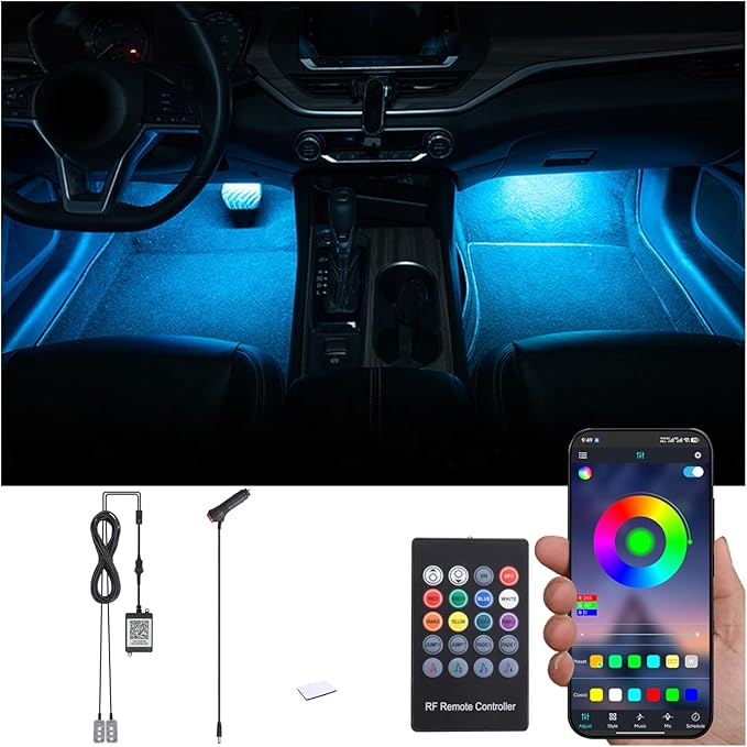 RGB Car Footwell Ambient Lighting Kit 16.7 Millions Colors Sound Active Music Sync APP Control + RF Remote Controller Cigarette Lighter Car Interior Multicolored Footwell Atmosphere Light