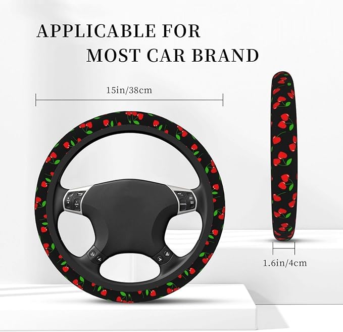 Red Hearts Cherry Steering Wheel Cover for Men Women Universal Car Accessories 15 Inch Neoprene Auto Interior Decor