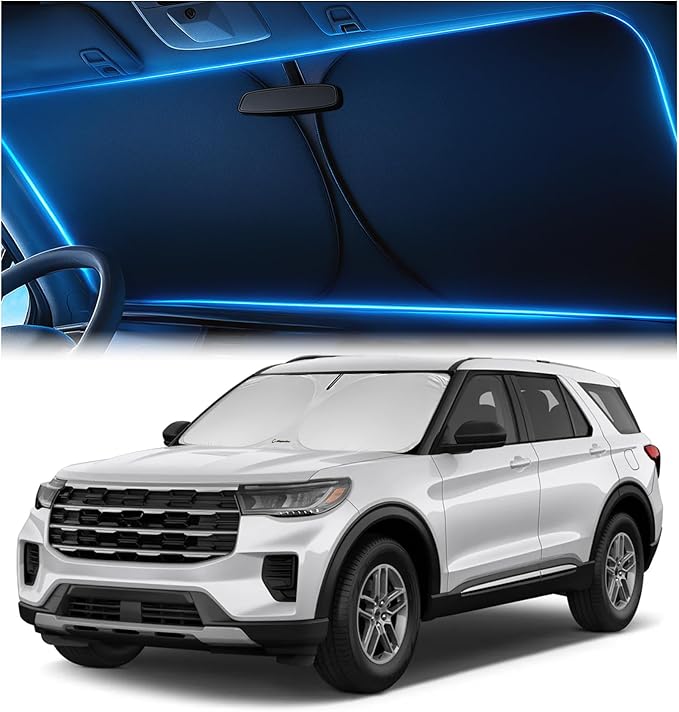 Windshield Sunshade for Ford Explorer 2020-2026 ST, XLT, Limited, Platinum – No-Light-Pass Technology, Mirror Cut-Out, Blocks 99% UV Rays – Easy-Fold Ford Explorer Windshield Sun Shade