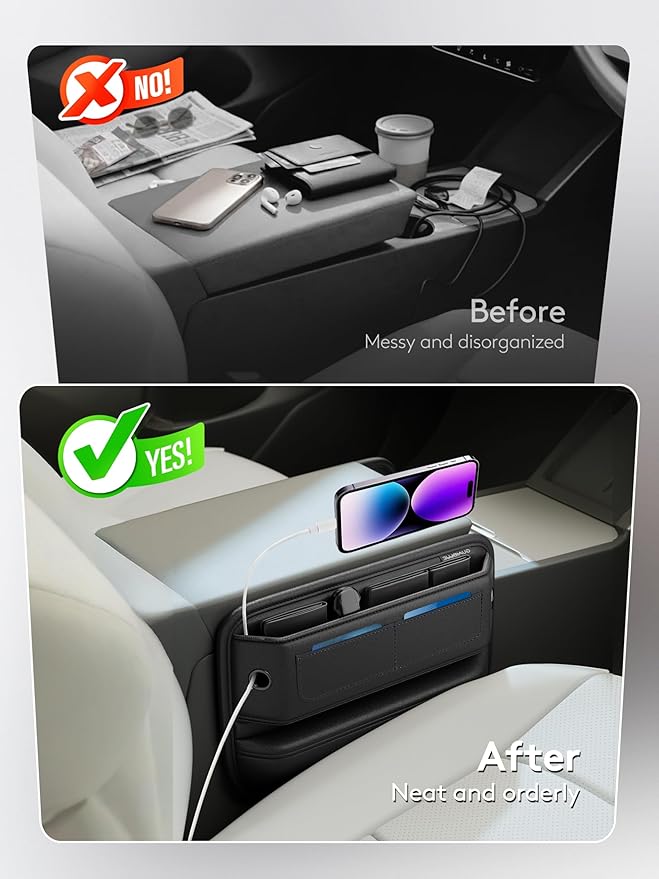 Car Seat Gap Filler with Sun Visor Organizer, Leather Seat Gap Organizer for Phone, Cards, Keys and Sunglasses, Front Seat Storage for Most Cars, SUVs and Trucks