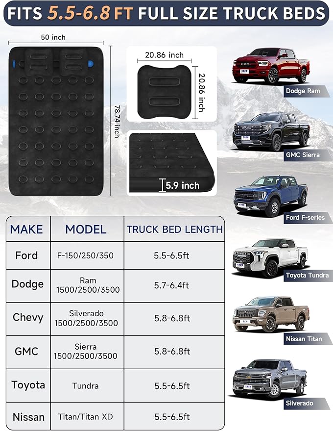 Umbrauto Air Mattress for 5.5-6.5 ft Short Bed Full-Size Trucks, Pickup Truck Airbed Mattress with Corded Air Pump for Outdoor Travel