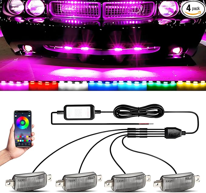 RGB Led Grille Lights APP Control 4 in 1 Colorful Underglow Rock LED Lights for Tacoma Truck Chevy Car Off-Road Raptor Jeep SUV ATV UTV DRL Decoration Signal LED Light