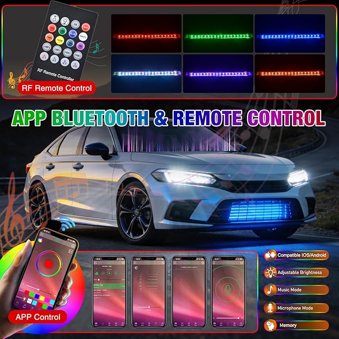 Nilight 4Pcs 12inch LED Grille Lights 72 LEDs RGB Multi Color Exterior Lighting Kit DIY Sound Active Function Music Mode with APP Control and Remote for Cars Van SUV Truck