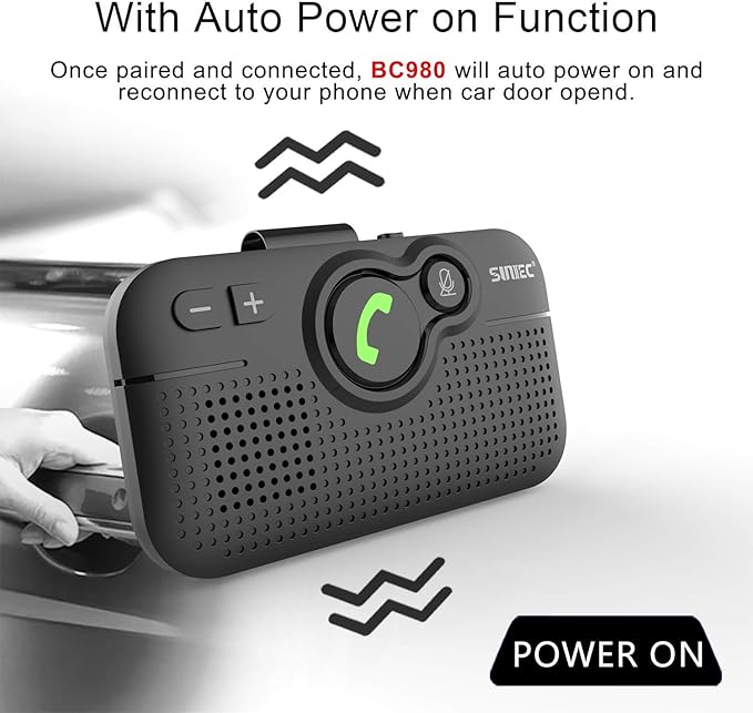 Bluetooth Car Speaker for Cell Phone, Handsfree Bluetooth Car Kit Motion AUTO ON Off Support Siri Voice Assistant Handsfree Speakerphone with Visor Clip - BC980P