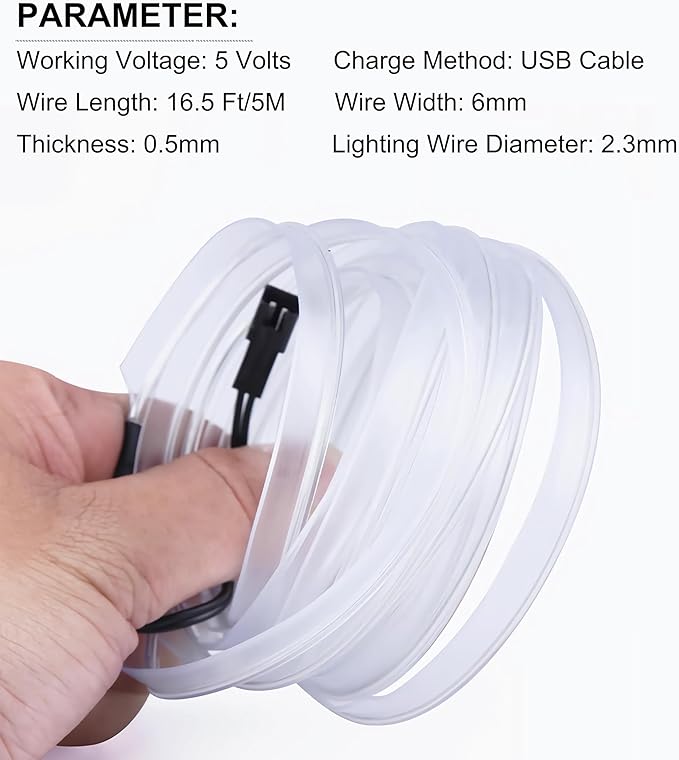 EL Wire Interior Car LED Strip Lights, 16.5FT USB Neon Glowing Strobing Electroluminescent Wire Lights with 6mm Sewing Edge, Ambient Lighting Kits for Car Indoor Decoration (White)