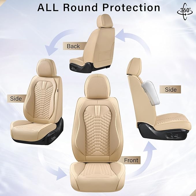 Coverado Front Seat Covers, 2 Pieces Universal Seat Cover for Cars, Breathable Nappa Leather Waterproof Car Seat Cover, Car Seat Protector, Driver Seat Cover, Auto Seat Covers Fit for Cars, Beige