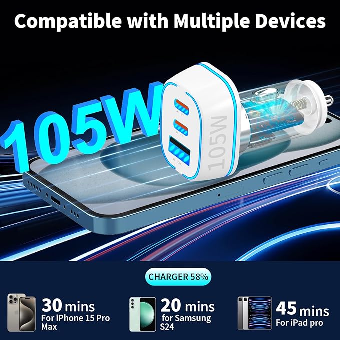 105W USB Car Charger 3-Port for Family Travel, PD 45W & QC3.0 30W Super Fast Charging for Multiple Devices, Cigarette Lighter with MFi Certified Carplay Cable Fast Charger for iPhone iPad