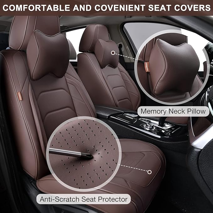 Brown Car Seat Covers Full Set, Breathable Leather Automotive Front and Rear Seat Covers & Headrest for Reduce The Driving Fatigue, Compatible with Most Vehicles, Cars