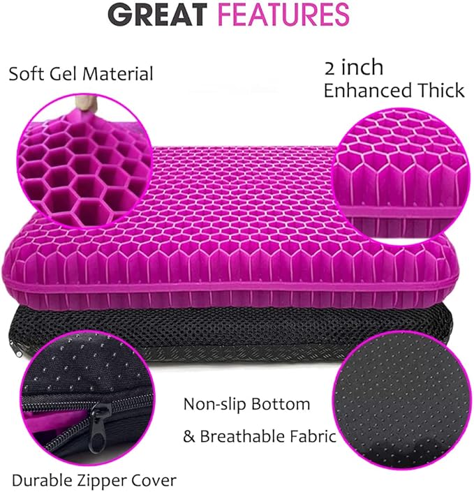 Gel Seat Cushion for Long Sitting, Extra Thick Gel Cushion for Wheelchair Soft Chair Pads for Office Home Chairs Car Seats Long Trips - Back Sciatica Hip Tailbone Pain Relief Cushion (Violet)