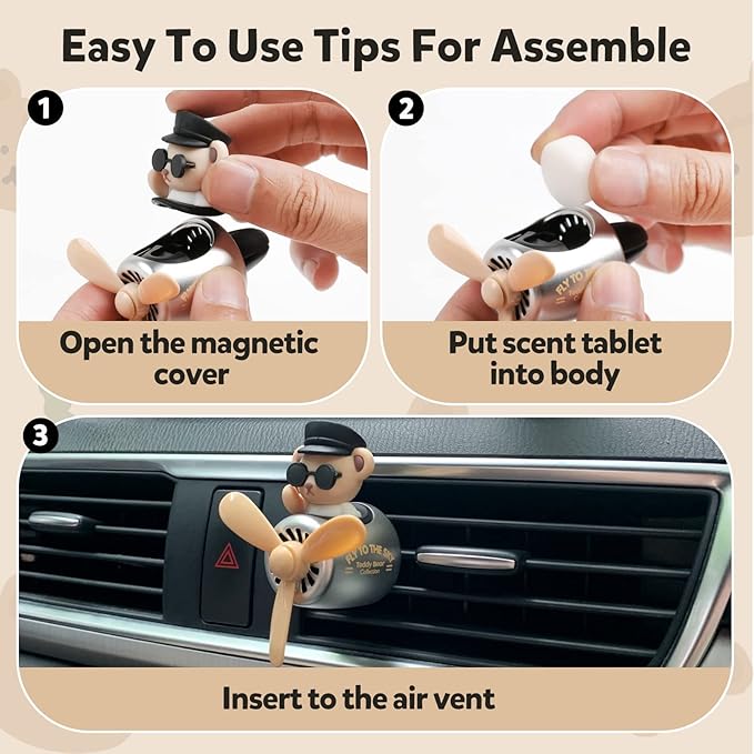 Bear Pilot Car Fresheners Vent Clip Cute Teddy New Car Scent Automotive Air Fresheners Cartoon Air Outlet Aromatherapy Ornament Thank You Gifts for Him Her Friends, Families