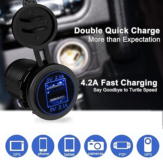 [5 Pack] 12V USB Outlet, Dual USB Quick Charger Socket Waterproof Power Outlet 12V/24V 2.1A & 2.1A for Car Golf Cart Boat Marine Bus Truck RV Marine Motorcycle, Blue LED