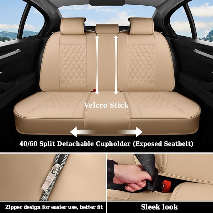Coverado Full Set Leather Car Seat Covers, Waterproof Faux Leather Seat Covers, Beige Car Seat Protectors, 5 Seats, Universal Fit for Most Cars & SUVs-Beige