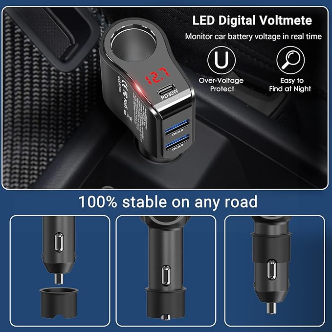 200W PD USB C Car Charger Adapter: 12V Cigarette Lighter Socket Splitter 12 Volt DC Plug Multi Way Auto Power Outlet with LED Voltmeter Switch Dual Type C Port for iPhone Samsung Phone GPS Dash Cam