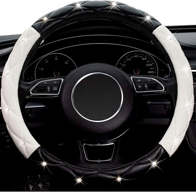 Xizopucy Black White Steering Wheel Cover, Anti-Slip Steering Wheel Protector with Crystal Rhinestones, Car Steering Wheel Cover for Women and Girl Fit 14.5-15 inch