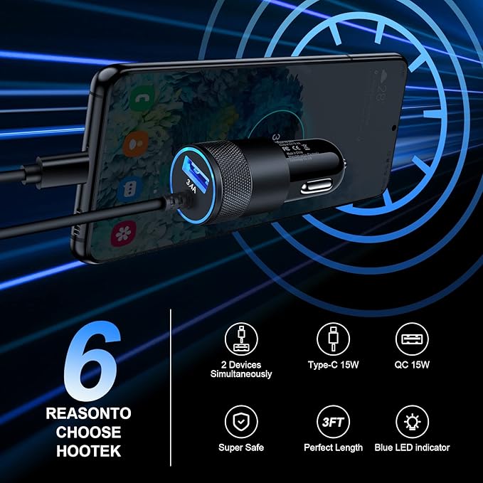 Type C Fast Car Charger for Samsung Galaxy A17/A16/A15/A14/5G/S26/S25/A56/A35/A55/A54/A13/S24 FE/S24/S23 Ultra/A53, iPhone 17e 16e, 3.4A Fast Charging Android Phone Car Charger Adapter 3FT USB C Cable
