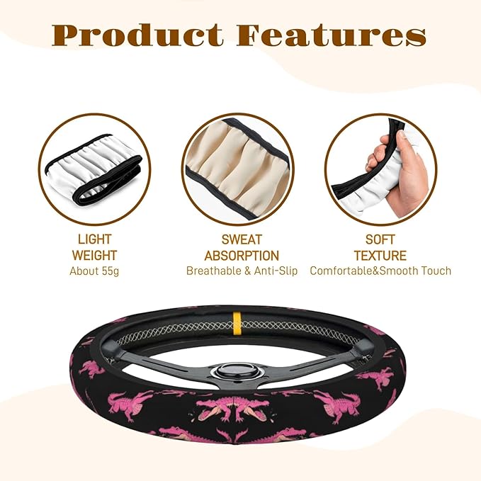 Steering Wheel Cover Accessories Neoprene Cover, Breathable Non-Slip Easy to Install Suitable for Women Men, 14.5-15.5 Inch for Car SUV Van Truck Universal - Pink Crocodile