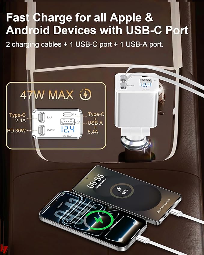 Retractable Car Phone Charger USB C, 4 in 1 Fast Car Charging Adapter with 2 Flexible USB C Cable for iPhone 17e 17 Samsung S26 Android, USBC Cigarette Lighter Gift for Men Android Auto Adapter