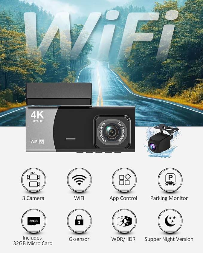 3 Channel 4K WiFi Dash Cam, 4K+1080P+1080P Front Inside and Rear, Triple Dash Camera with 32GB Card, APP Control, G-Sensor, 24 Hours Parking Mode, Loop Recording, Night Vision