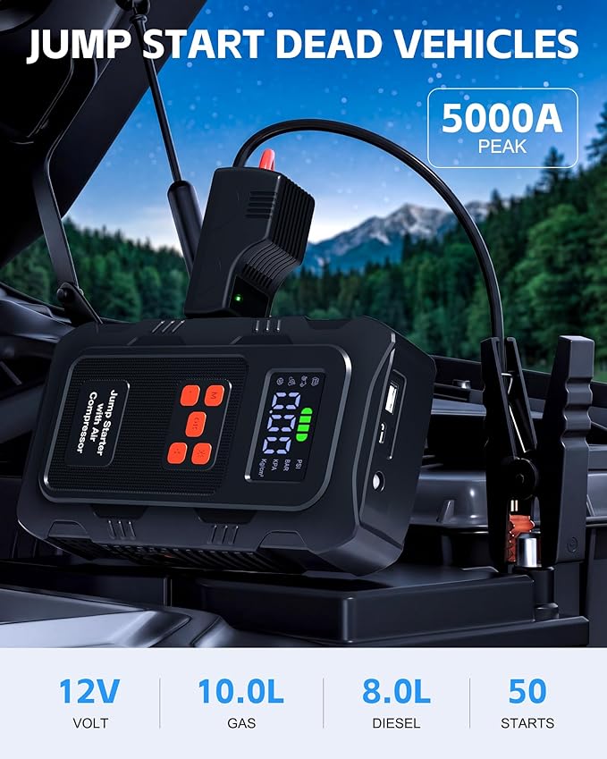 5000A Jump Starter with Air Compressor, Portable Car Battery Jump Starter with 150 PSI Tire Inflator for Up to 10.0L Gas and 8.0L Diesel Engines, 12V Jump Box Battery Charger Booster(Orange)