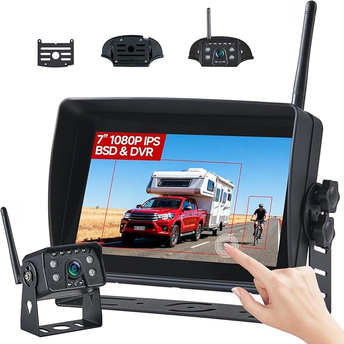 Wireless RV Backup Camera - 7'' IPS Touch Screen, 1080P HD Rear View Camera System with BSD Alert, DVR 4 Channels, IR Night Vision, Compatible with Pre-Wired RVs, Trailer, Camper, 5th Wheel