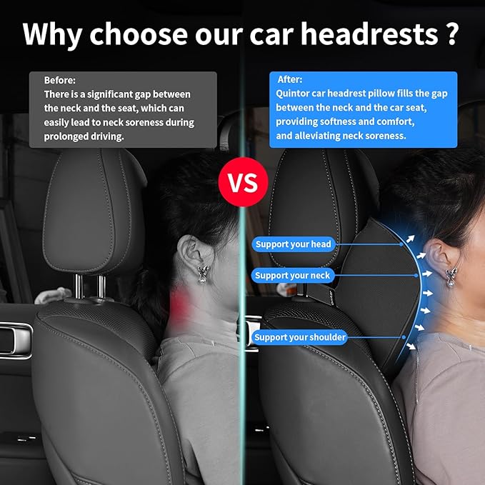 Quintor Genuine Leather Car Neck Pillow,Memory Foam Headrest Cushion, Ergonomic Cervical Support for Tesla Model 3/Y/X, Lexus, BMW- Breathable & All-Season Soft (2 PC)