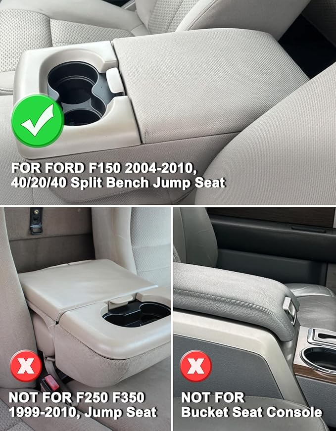 KBH Center Console Armrest Cushion Cover for Ford F150 2004 2005 2006 2007 2008 2009 2010, 40/20/40 Jump Seat, Vinyl Leather Trim, Anti-Scratch, Beige
