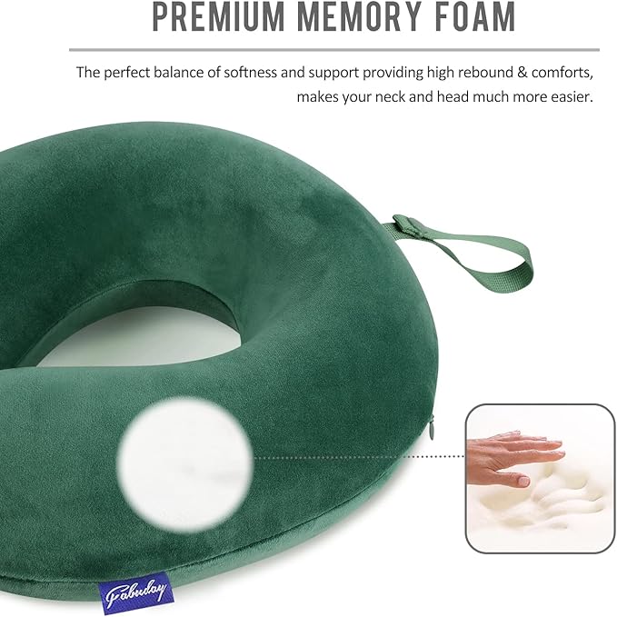 Neck Pillow for Travel Memory Foam - Travel Pillows for Sleeping Airplane with Attachable Snap Strap Soft Washable Cover, Flight Pillow for Traveling, Car, Provide Head Neck Support Dark Green