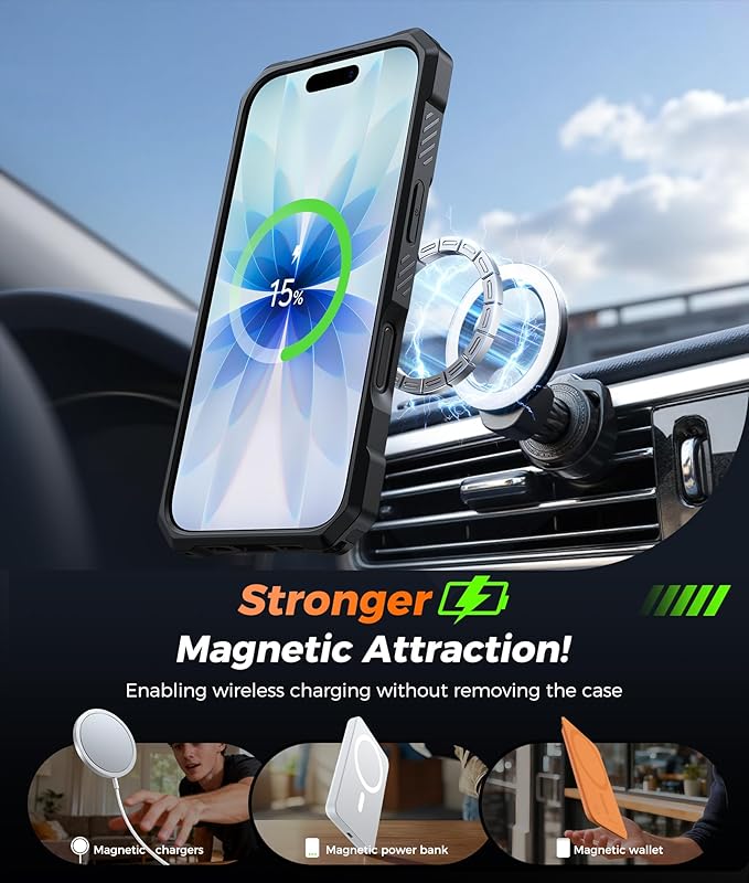 FNTCASE for iPhone 17 Phone Case: [360 Spin Magnetic Ring Kickstand] [Compatible for MagSafe] [Screen Protector] Heavy Duty Military Grade Protection Protective Phone Case with Stand Green