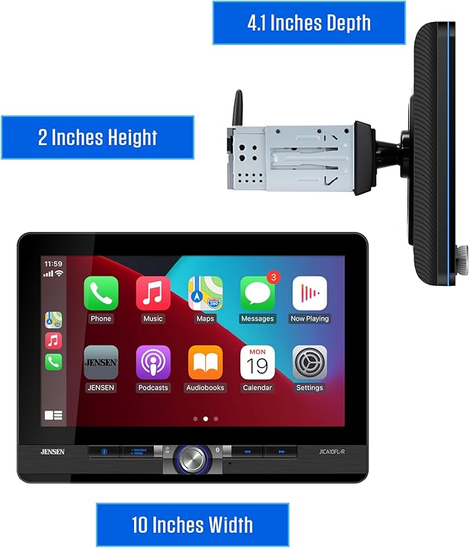JENSEN J1CA10FL-R 10.1-inch Certified Apple CarPlay Android Auto Wired Wireless | LED Illuminated Light Ring | Single DIN & Double DIN Touchscreen Car Stereo | Bluetooth | Front & Rear Camera Inputs
