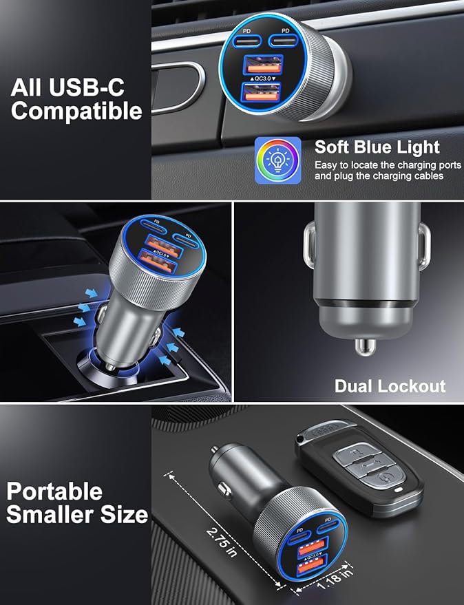 Car Charger USB C, 90W Multi Port Dual 12V Cigarette Lighter USB Charger QC 3.0/PD 45W Super Fast Charging Car Phone Charger Plug Adapter for iPhone 17 16e 15 14 13 12 Pro Max Pad Android(Gray)