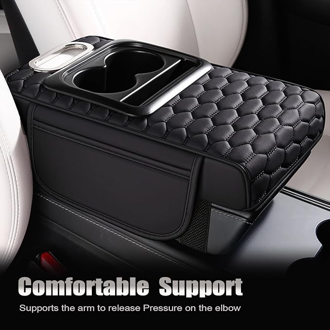 Priprilod Car Center Console Armrest Pillow, Leather Memory Foam Car Armrest Cushion with Cup Holder & Phone Holder, Universal Armrest Storage Box Protector for Most Vehicles, Car Accessories (Black)