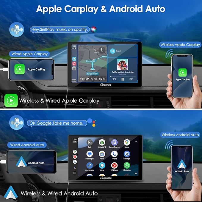 CARPURIDE 9 Inch Car Play Screen for Car, Compatible with Wireless/Wired Apple CarPlay, Android Auto and Mirror Link - Bluetooth Audio, Navigation,Siri, FM, AUX