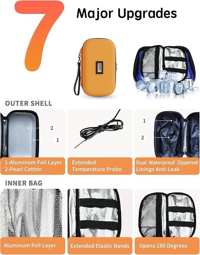 Insulin Cooler Travel Case with Temp Display, 2 x 180g TSA Approved Ice Packs, 9-Layer Insulation for Improved Cooling, Insulin Pen Case, Waterproof, for Daily Use and Trips (Bright Orange)