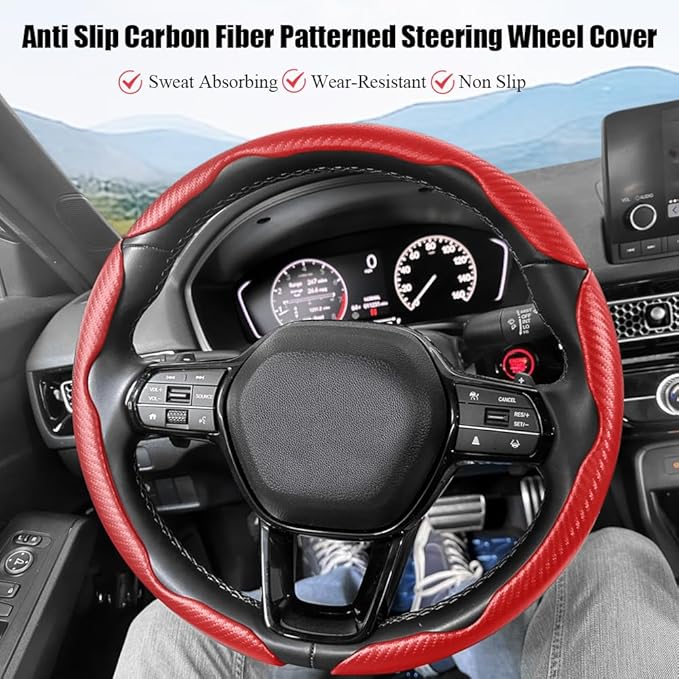 Pincuttee Carbon Fiber Steering Wheel Cover - 3PC, Universal Non Slip Steering Wheel Protector, Car Interior Accessories (Matte Red)