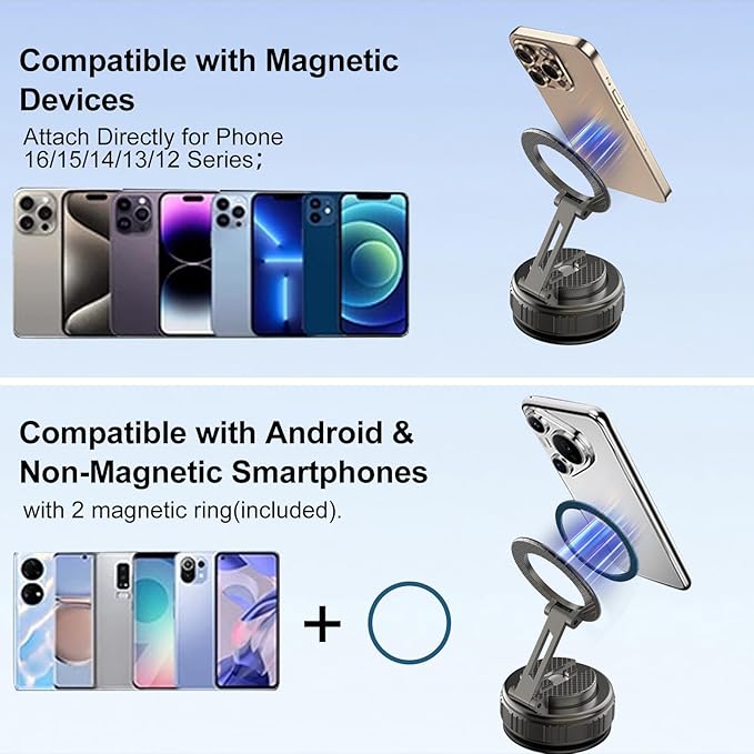 Kairiyard Phone Holders for Your Car, Ultra Vacuum Suction Cup Magnetic Car Phone Holder Mount 360° Adjustable Foldable Cars Phone Stand Compatible with MagSafe iPhone All Smartphones