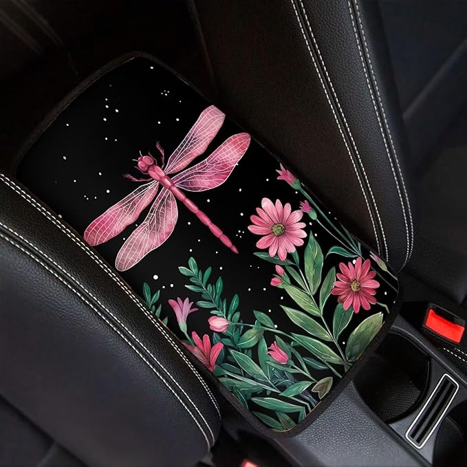 Flower Dragonfly Car Center Console Cushion Pad for Most Cars Soft Armrest Seat Box Cover, Waterproof Auto Armrest Cover Protector, Dragonfly Cars Interior Accessories