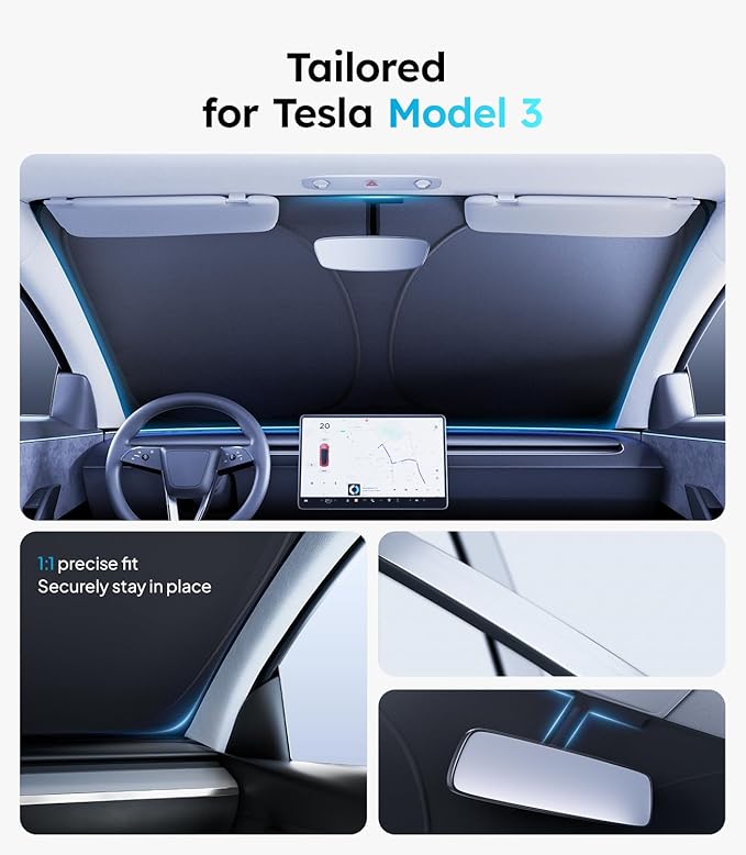 Wigoo 2026 Upgraded Accessories Tesla Model 3 Windshield Sunshade [OEM Design, 100% Sun Blockage] Foldable Heat Insulation Sun Shade with Storage Bag, for Tesla Model 3 2016~2026, Silver Coating