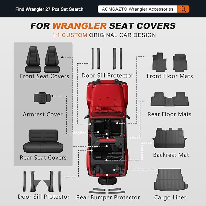 AOMSAZTO Custom Fit Seat Covers for Jeep Wrangler: YJ 1991 1992 1993 1994 1995 Leather Car Seat Covers Full Set Black