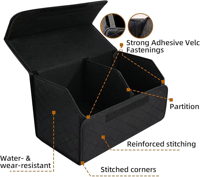 1Pack Leather Trunk Organizer for SUV & Sedans - Extra Large Foldable Car Storage Box with Lid, Adjustable Removable Dividers and Carry Handle, Collapsible Auto Cargo Organizer Black (1)